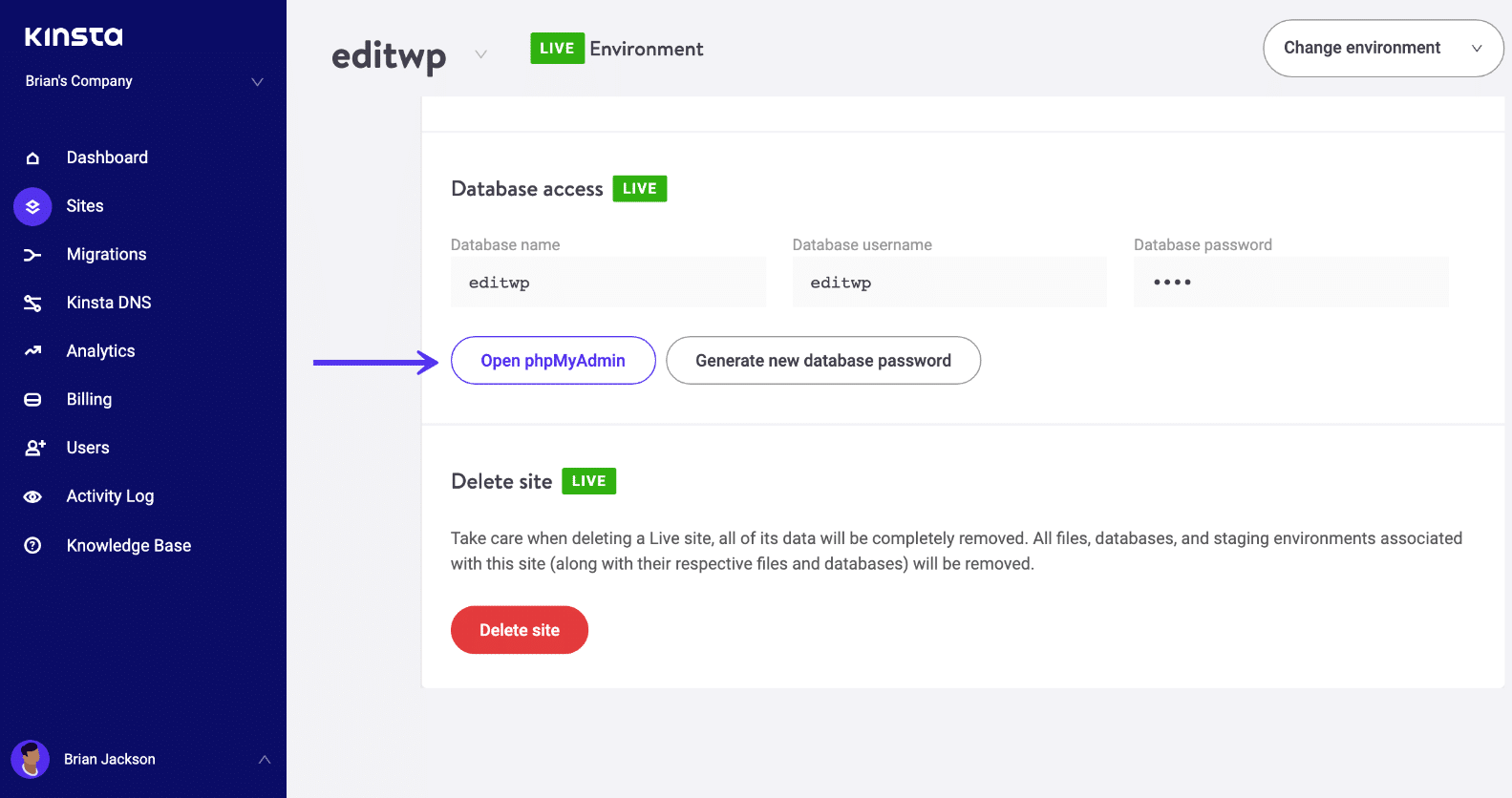 phpMyAdmin no MyKinsta