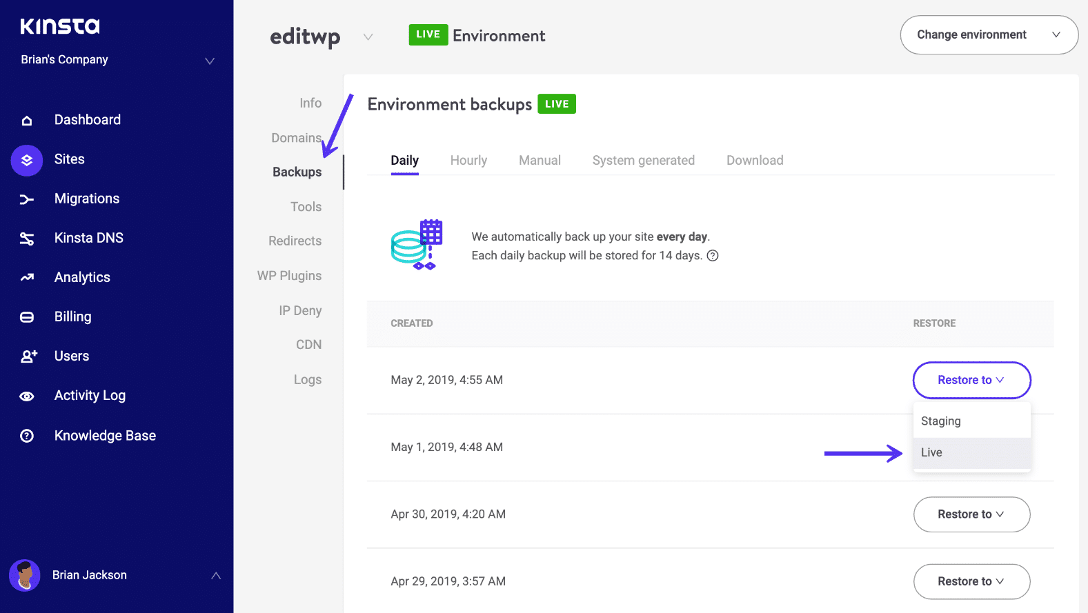 Restaurar o WordPress a partir do backup no MyKinsta