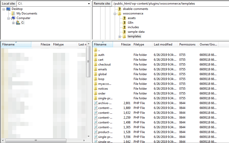 Modelos do WooCommerce no FileZilla