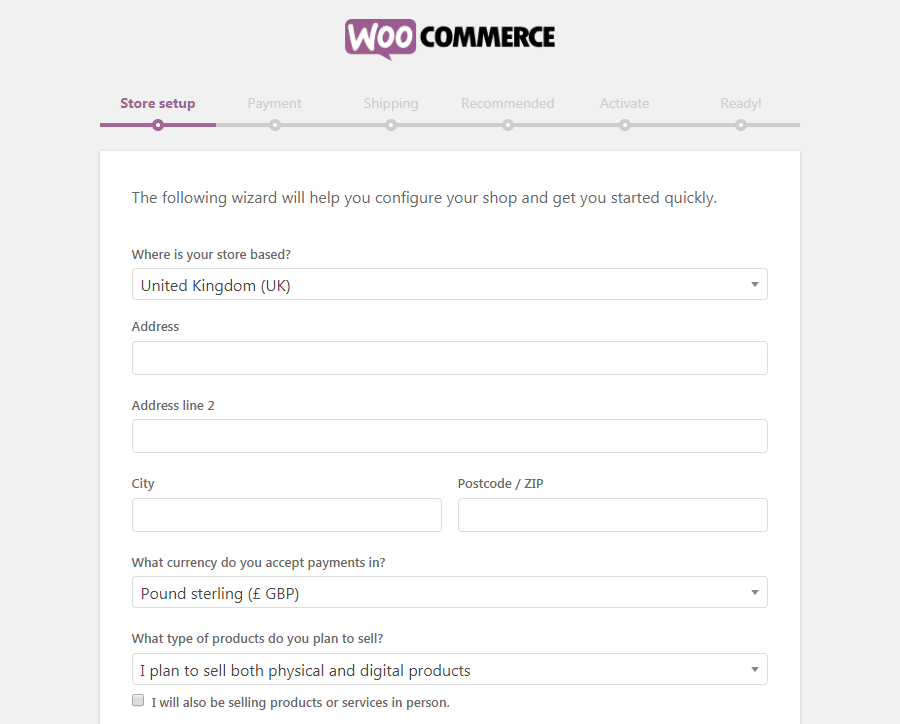 A página de configuração da WooCommerce Store