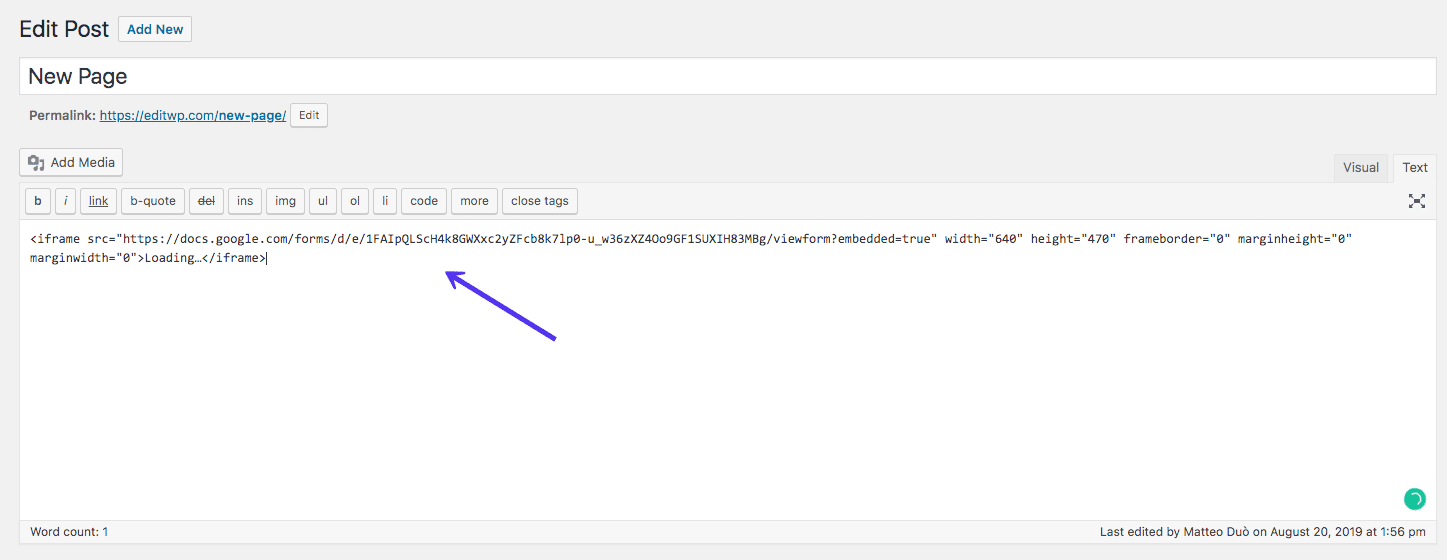Incorporando o Google Form no WordPress Classic Editor