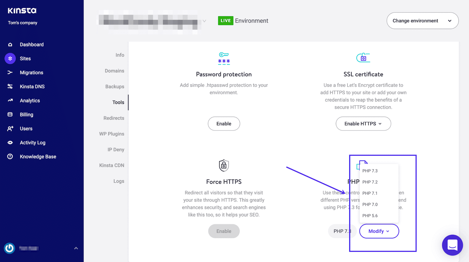 Como atualizar a versão PHP no MyKinsta