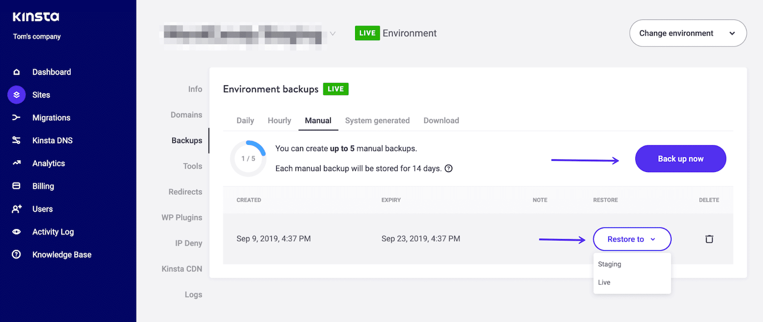 Restaurando um backup no MyKinsta