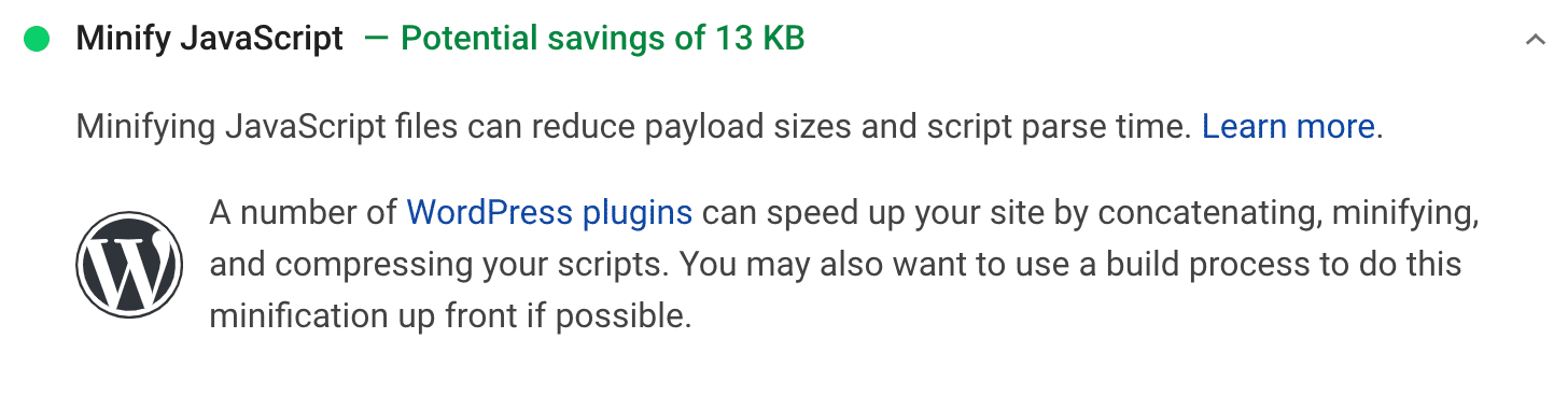 Minimize a recomendação do JavaScript