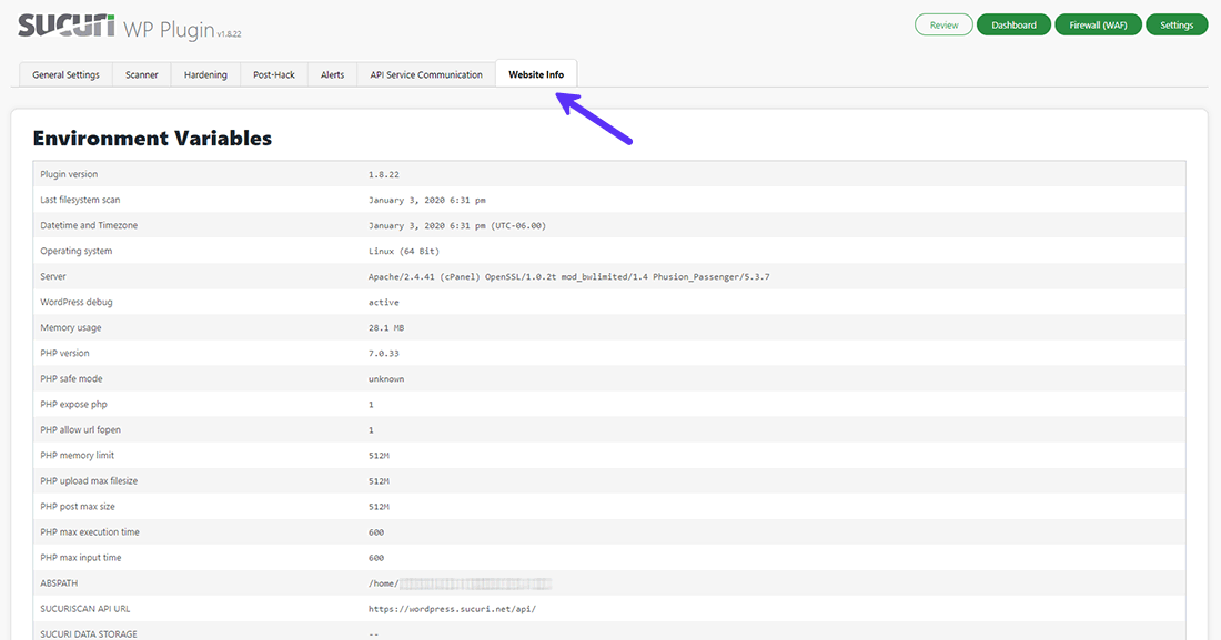 O separador Informações do site lista as especificações do seu site e servidor