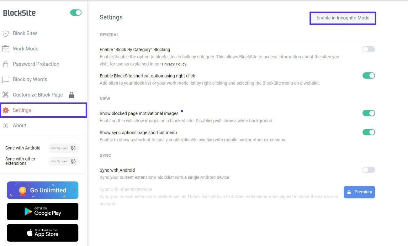 BlockSite habilitado em modo incógnito