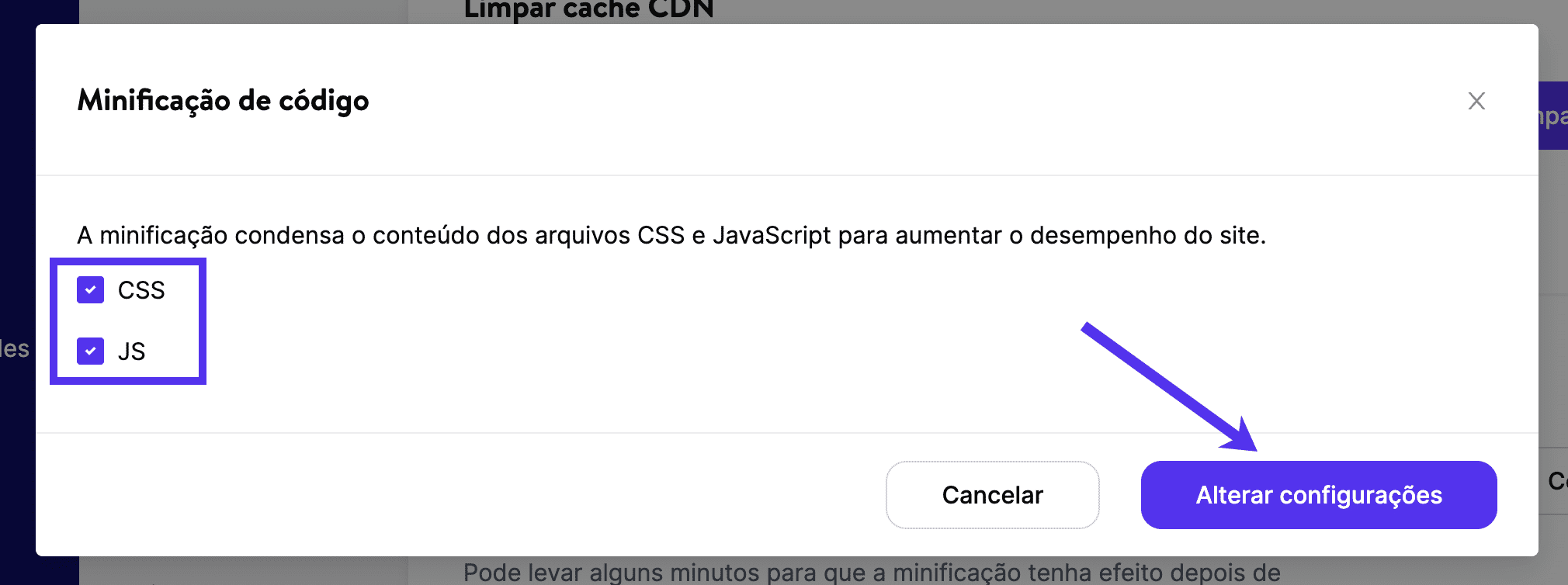 Ajuste das configurações de minificação de código na Kinsta CDN.
