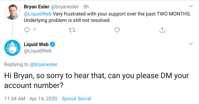 Tweet från LiquidWeb-kund som klagar över olösta problem