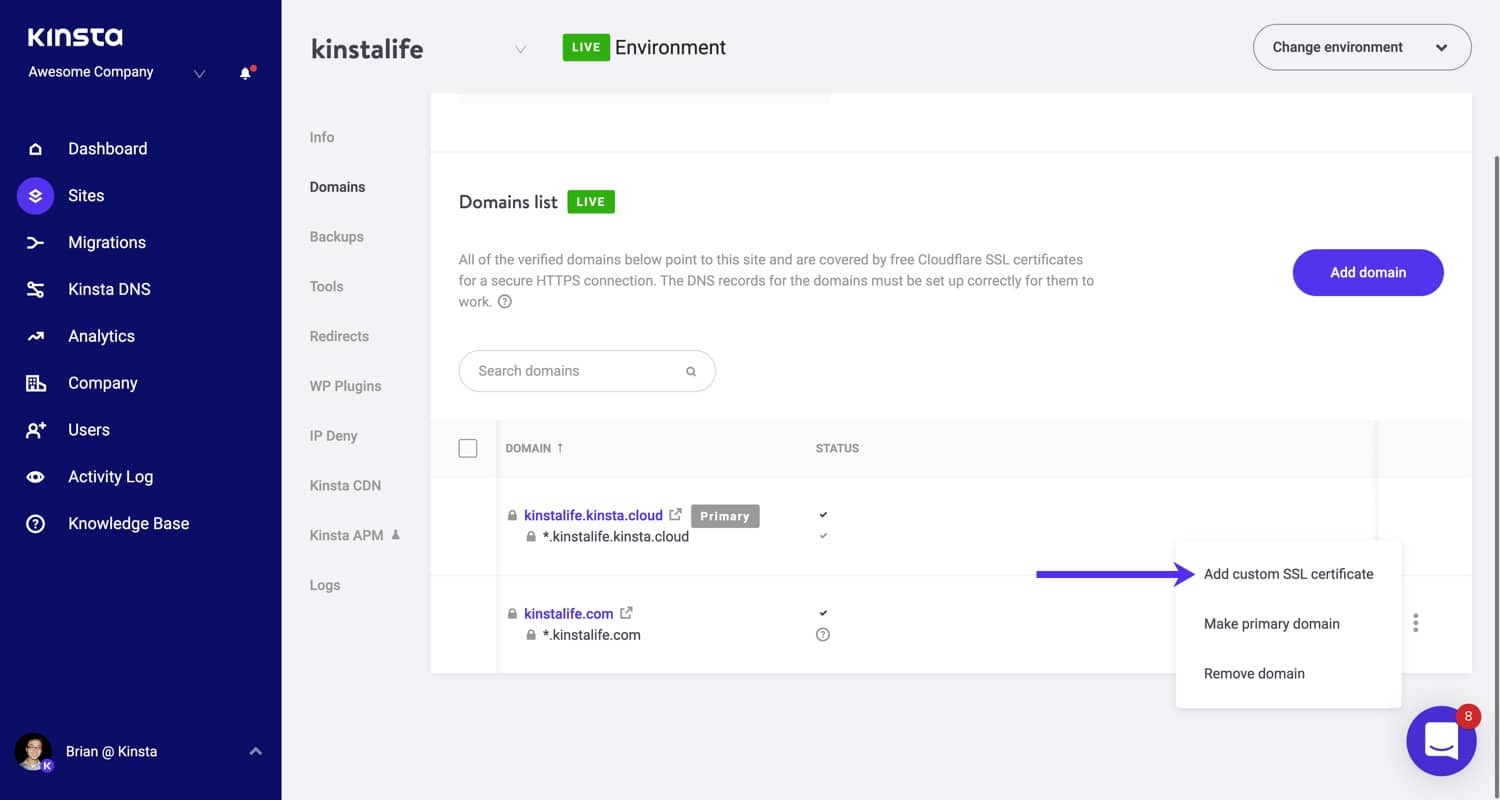 Add Custom SSL certificate.