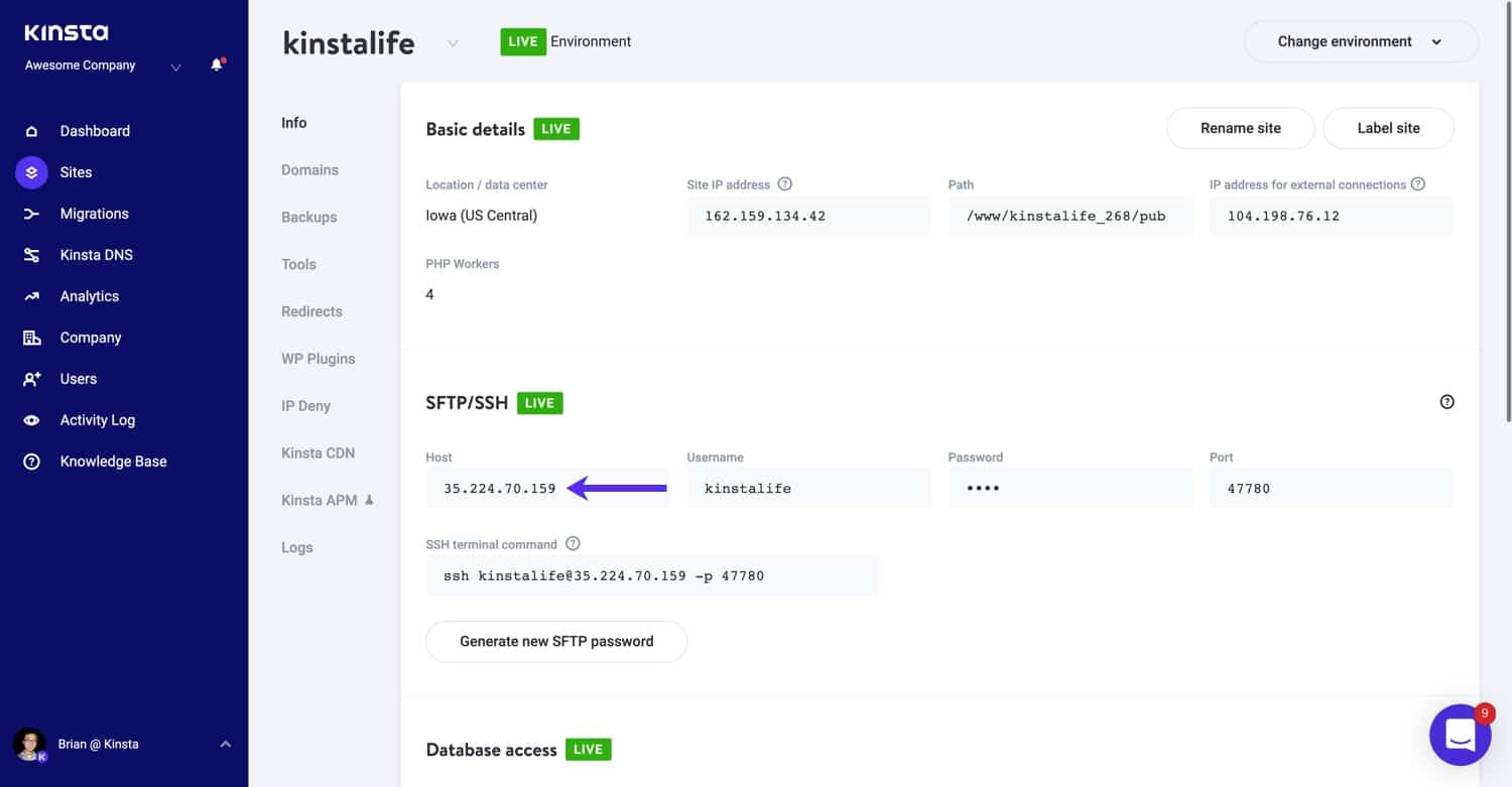 SFTP/SSH adres in MyKinsta.