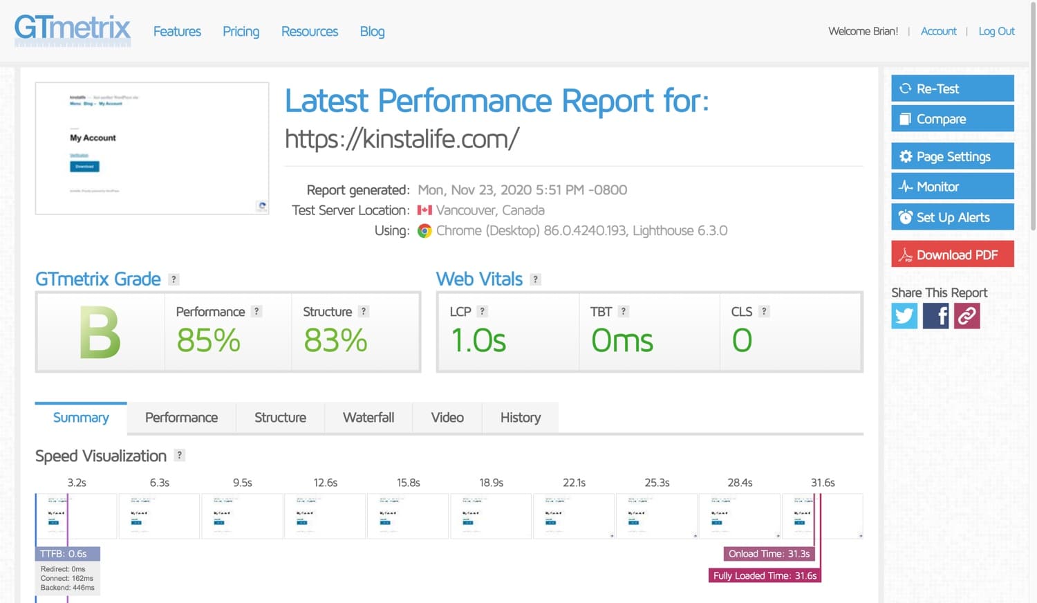GTmetrix hastighedstest til kinstalife.com.