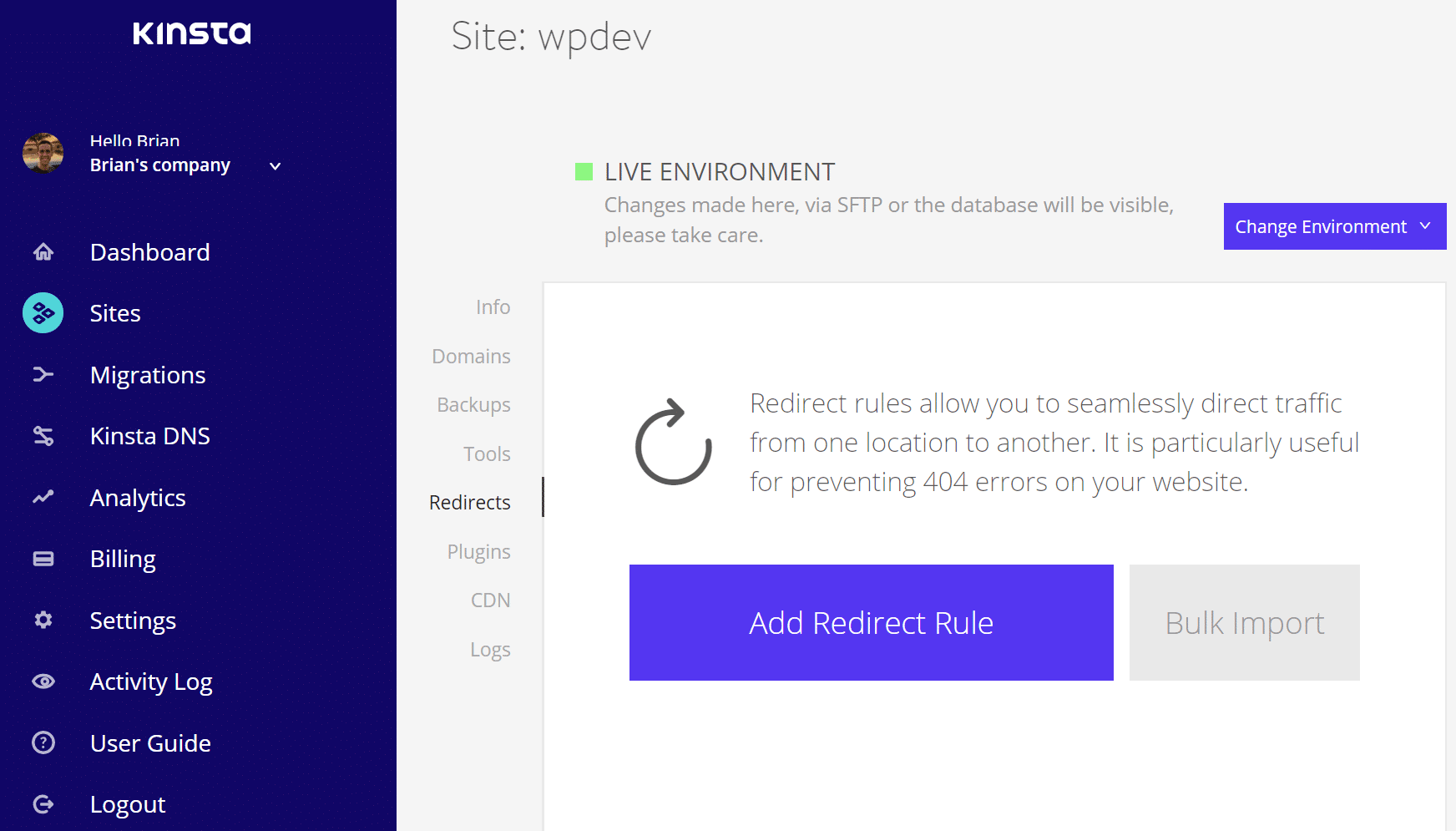 Add redirect rule in MyKinsta