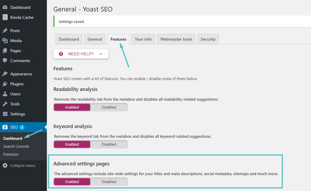 Yoast screenshot showing how to enable advanced Yoast features