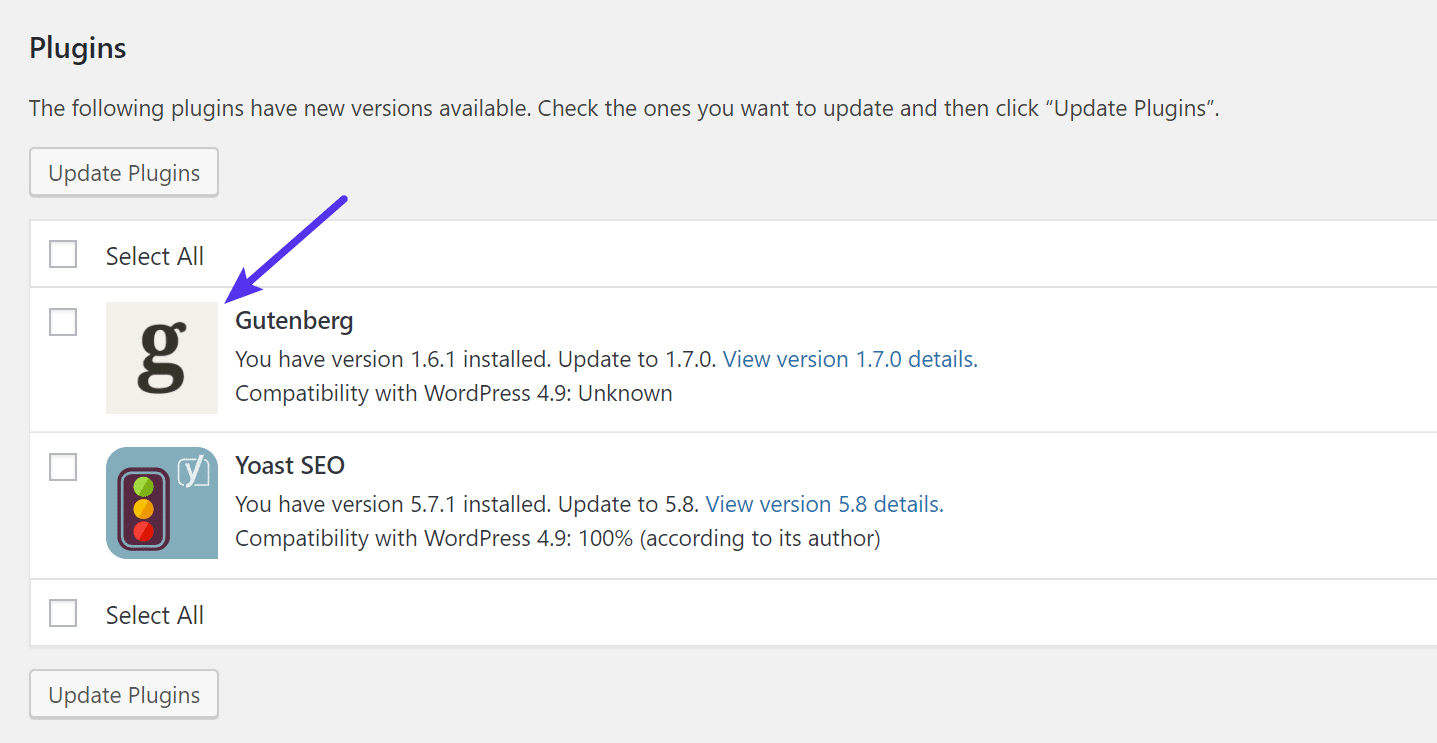 WordPress 4.9 update icons