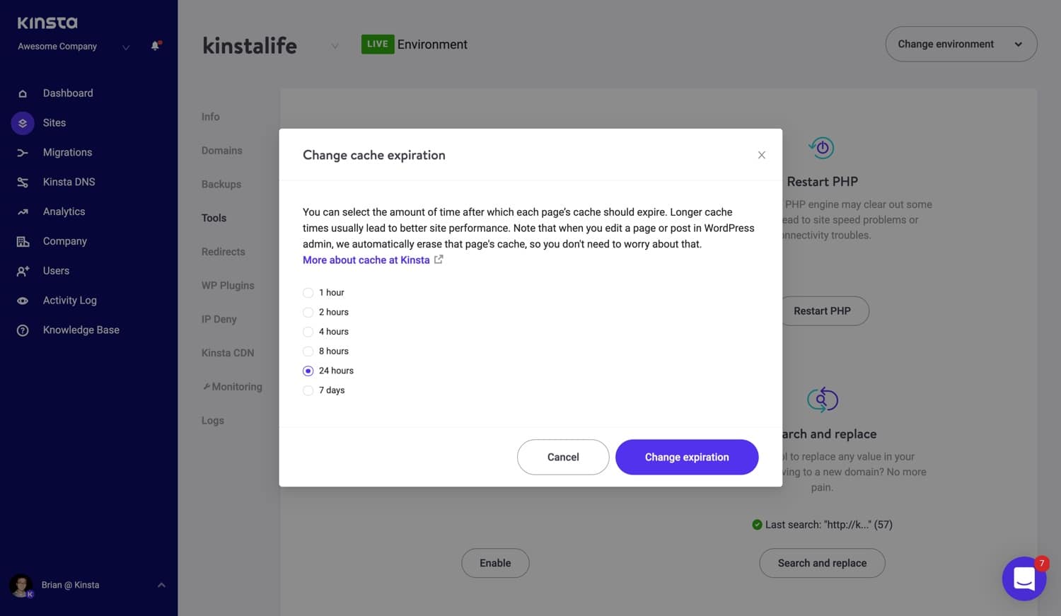 Page cache expiration options in MyKinsta.