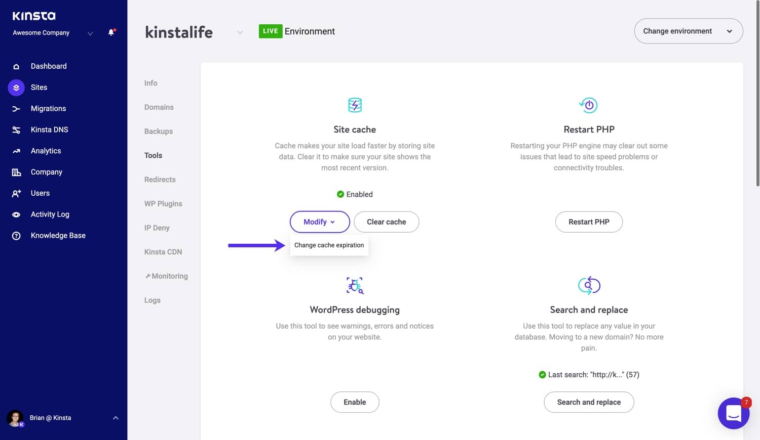 Change page cache expiration time in MyKinsta.