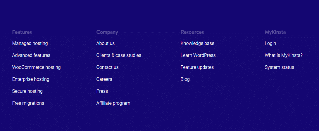 Kinsta sitemap in footer