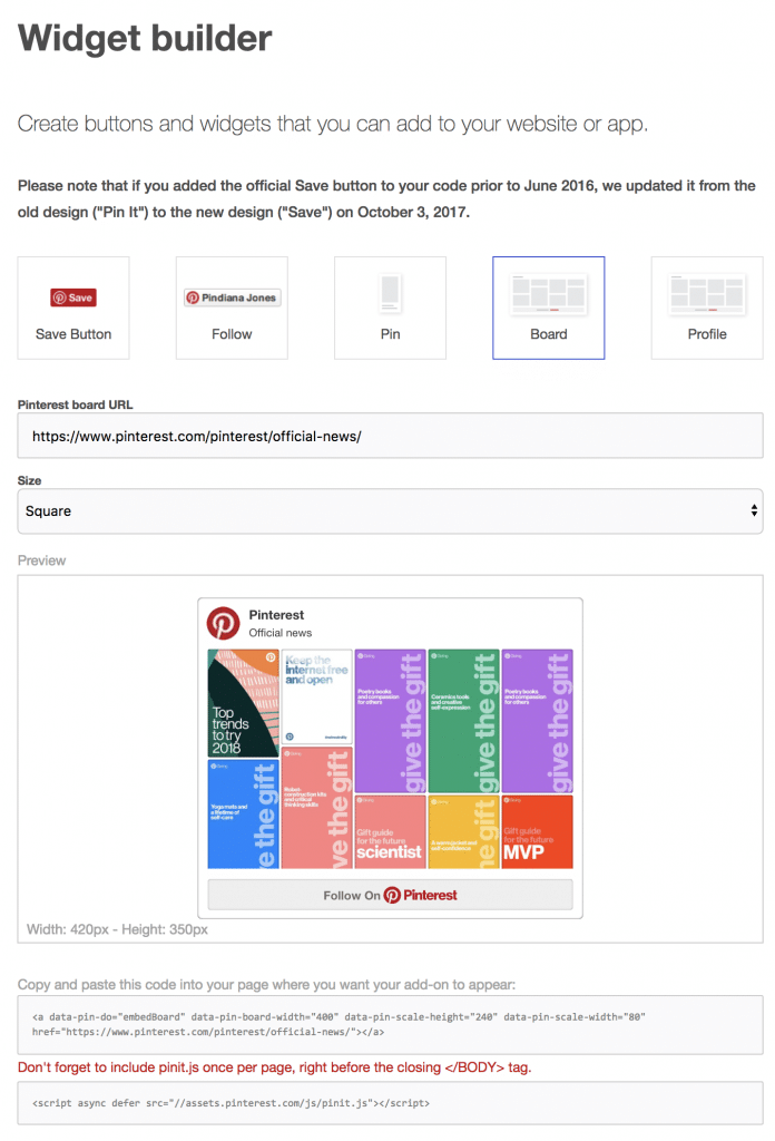Pinterest Widget builder
