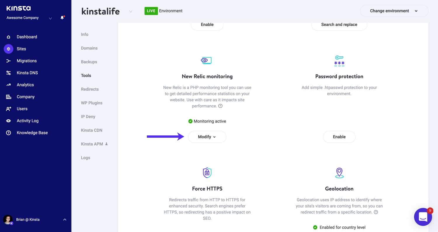 Habilitar o monitoramento de New Relics em MyKinsta.