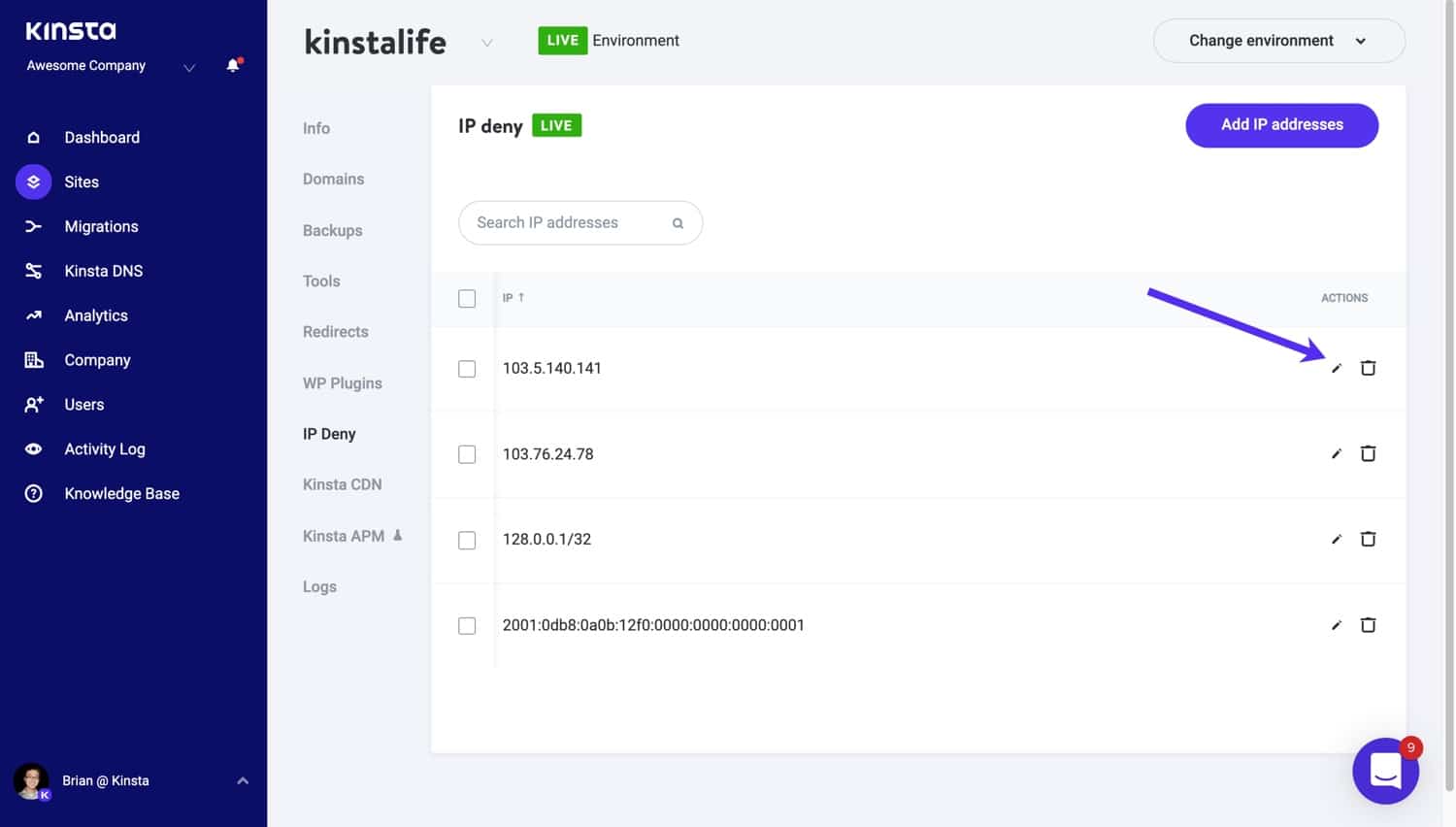 Edit or delete blocked IP addresses.