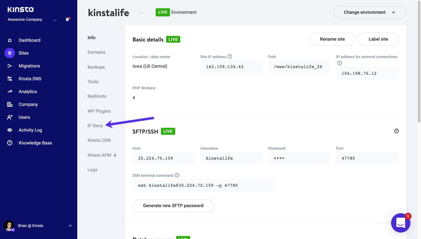 IP deny tool in MyKinsta.