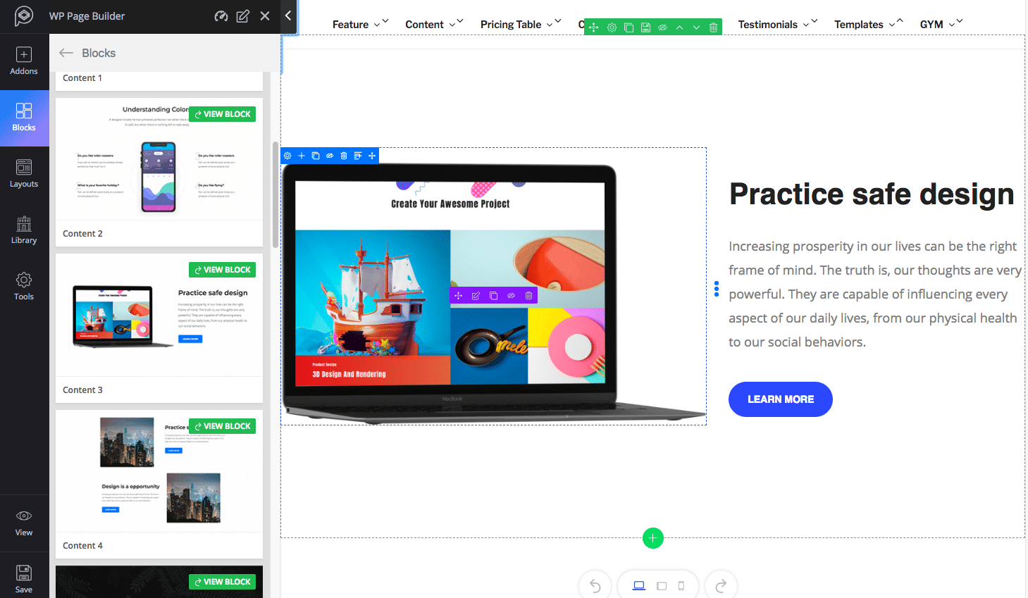 WP Page Builder content block