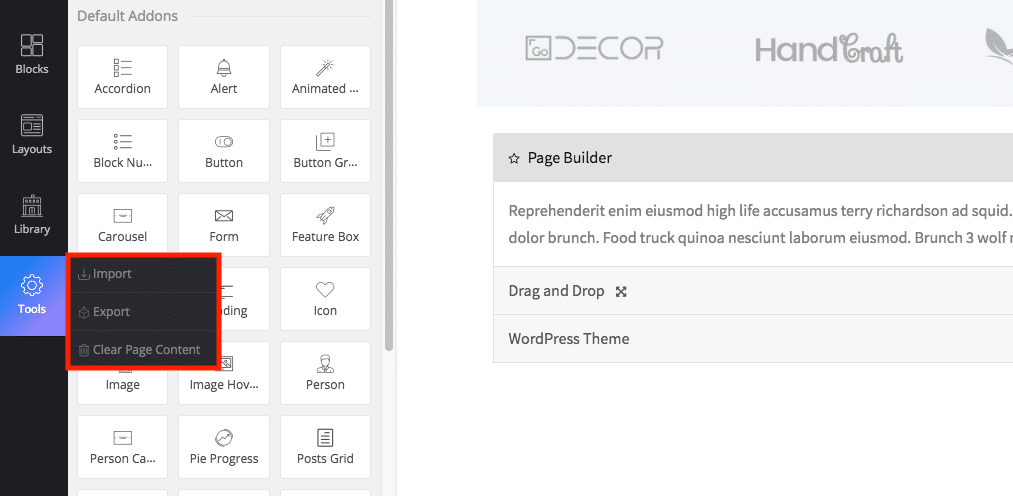 WP Page Builder import and export