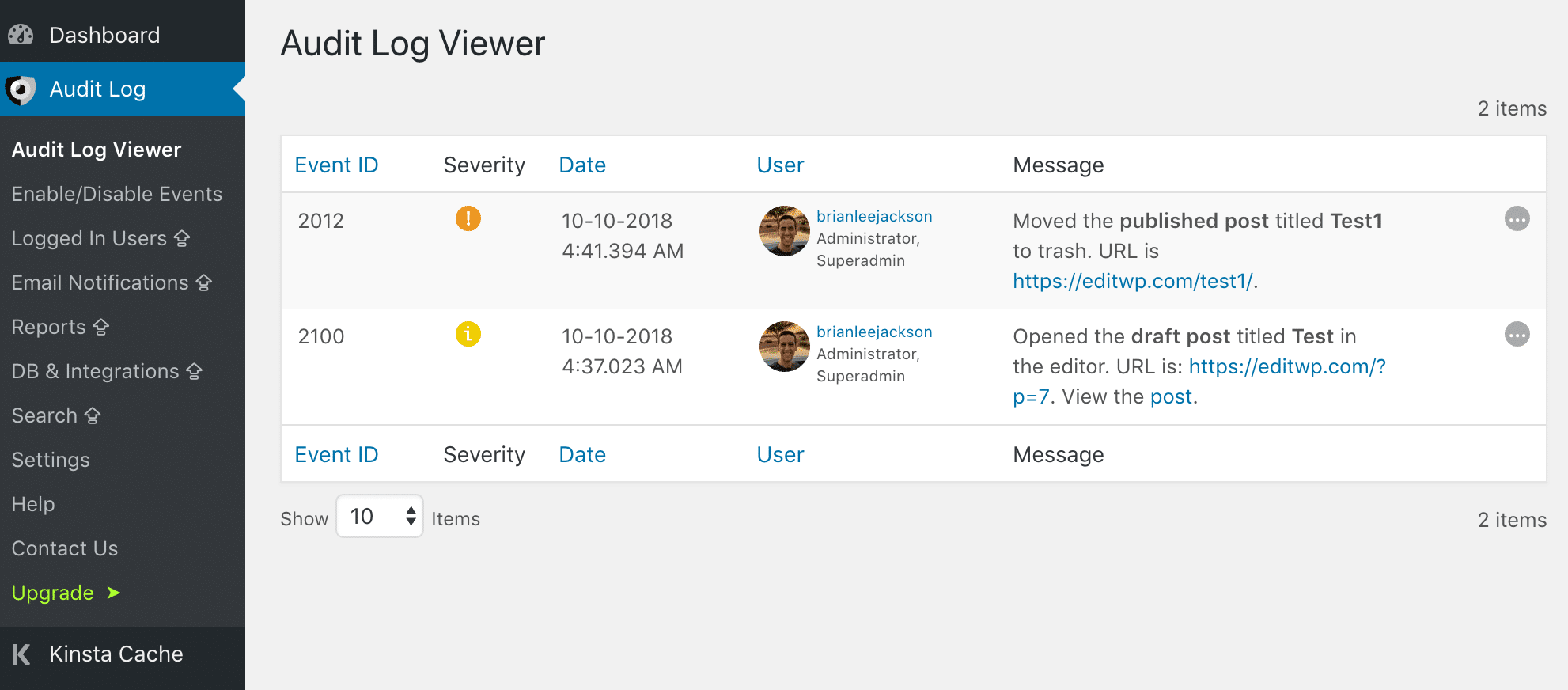 WP Security Audit Log content changes