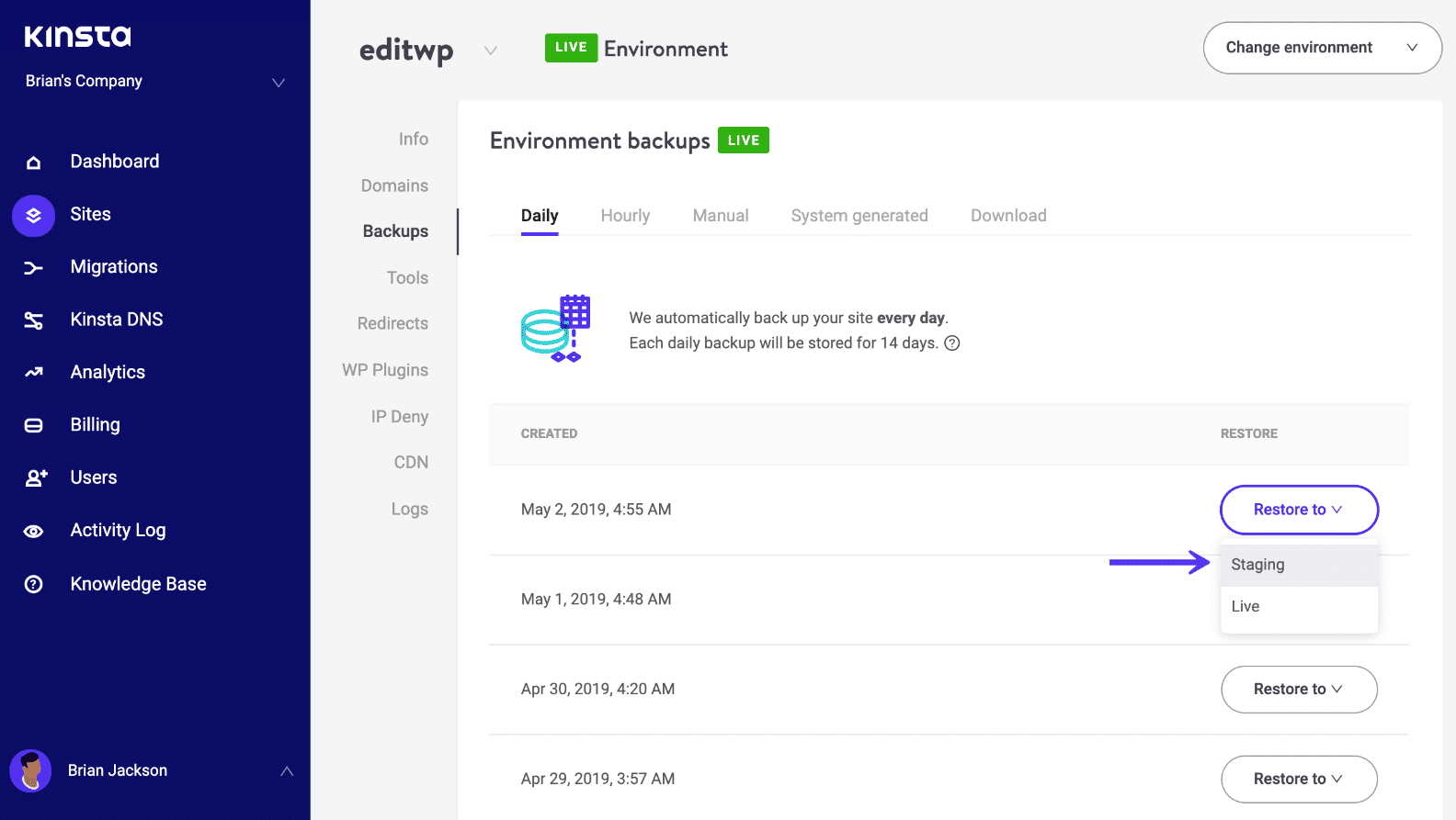 Restore WordPress from backup and push to staging environment