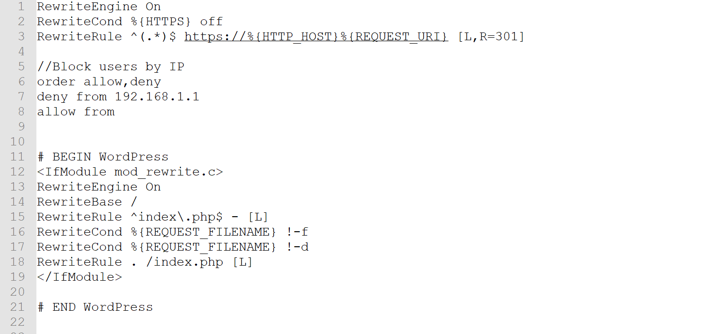 An example of a WordPress .htaccess file with custom rules