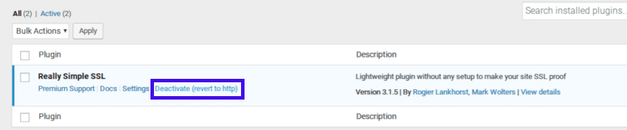 Deactivating really simple ssl