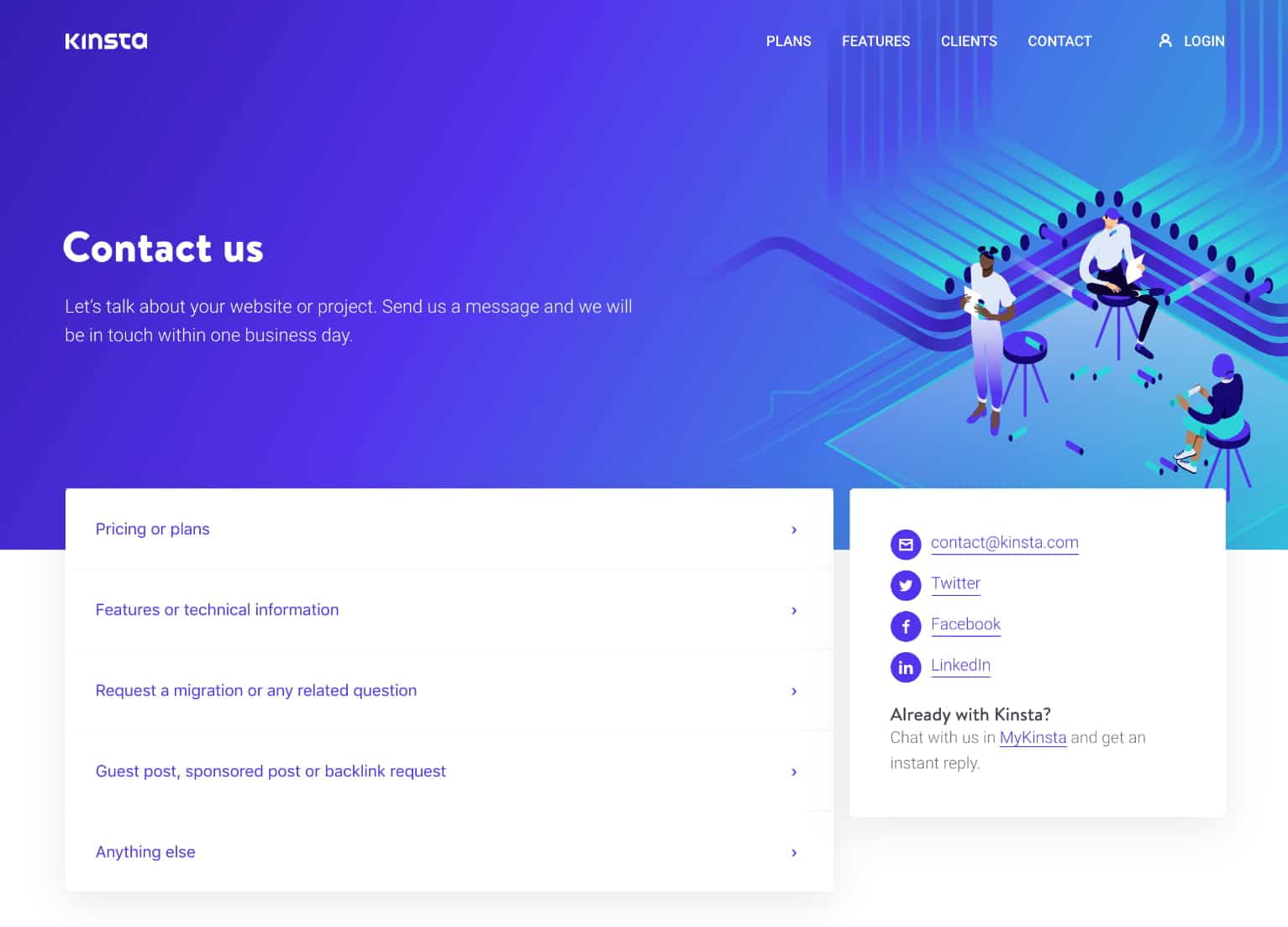 Entre em contato com a equipe de vendas da Kinsta através da nossa página Fale conosco.