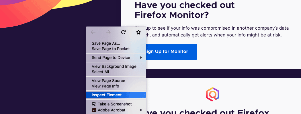 A page has been right-clicked in Firefox.