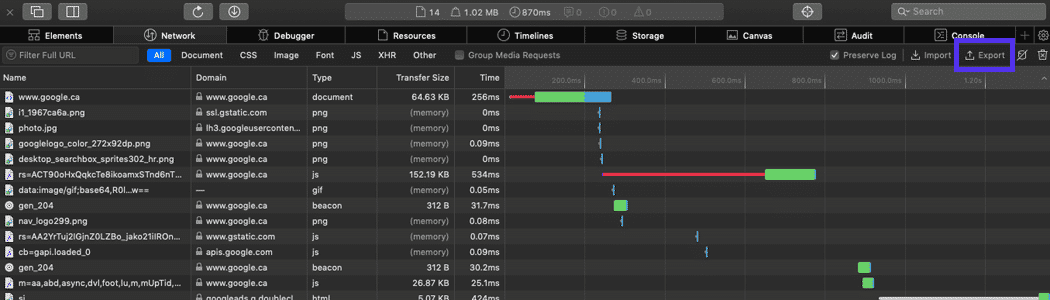 The Safari developer tool