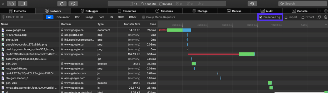 The Safari developer tool panel