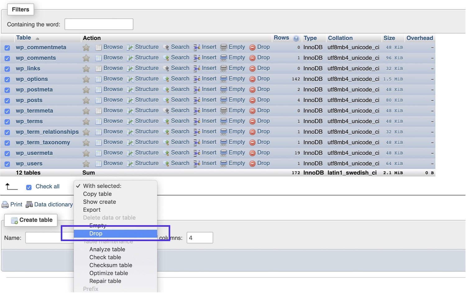 Drop database tables