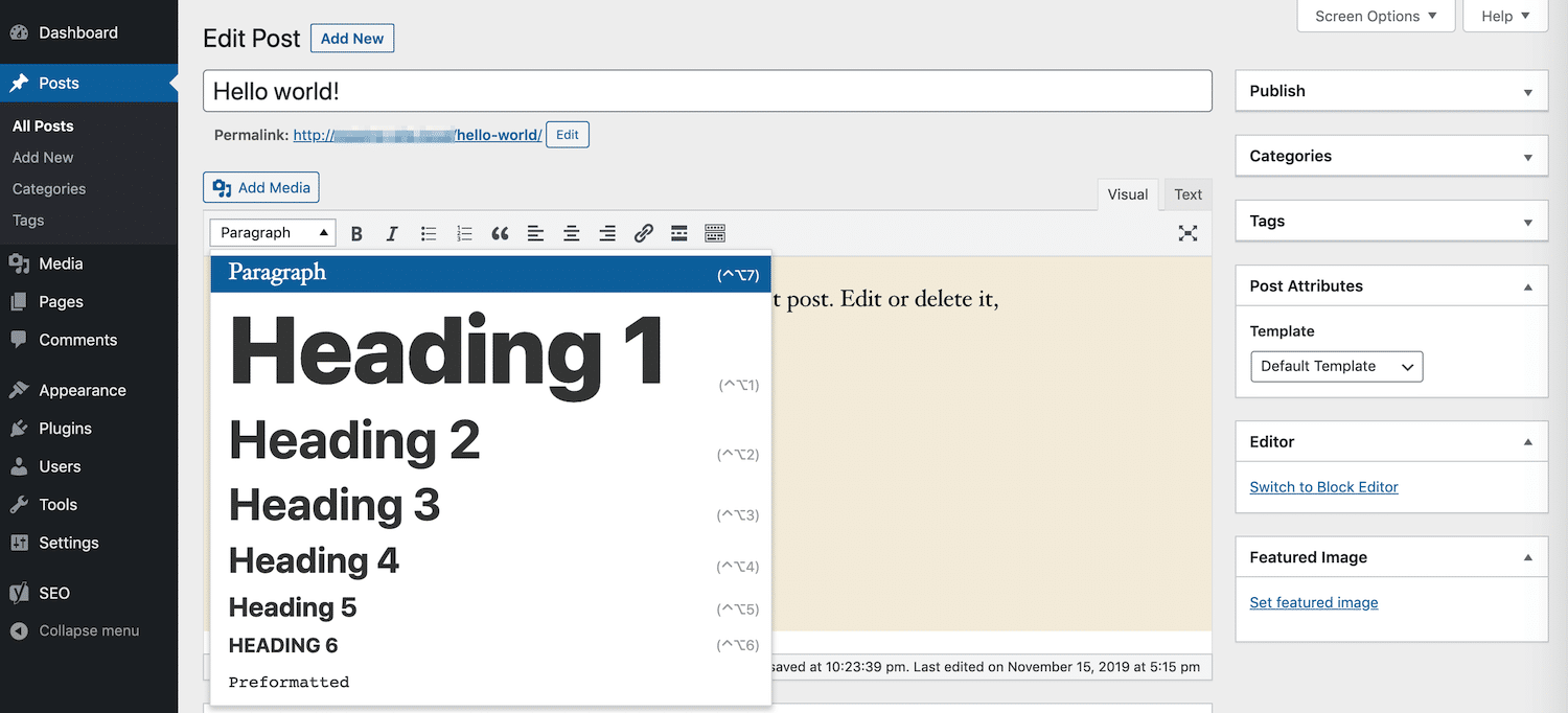 header classic editor