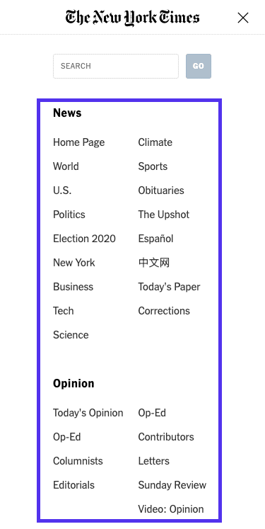 Website navigation of NYT homepage (mobile)