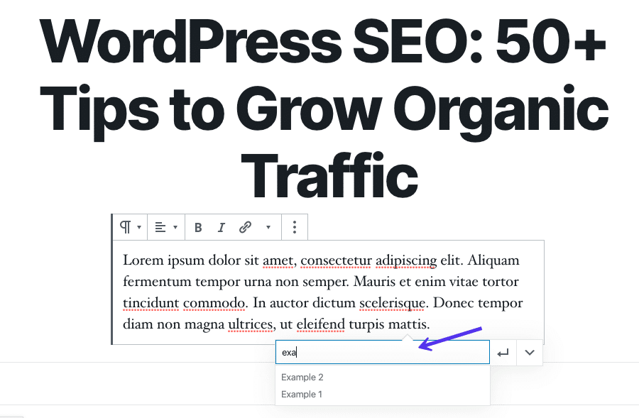 Searching for internal linking options in the Block Editor