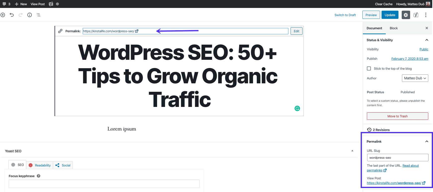 WordPress SEO: Accessing the Permalink setting in the Block Editor