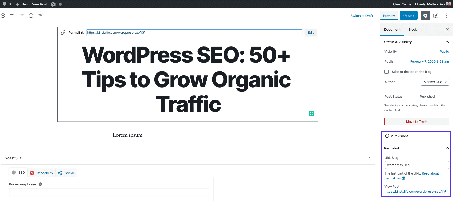 Your post's slug in the Block Editor