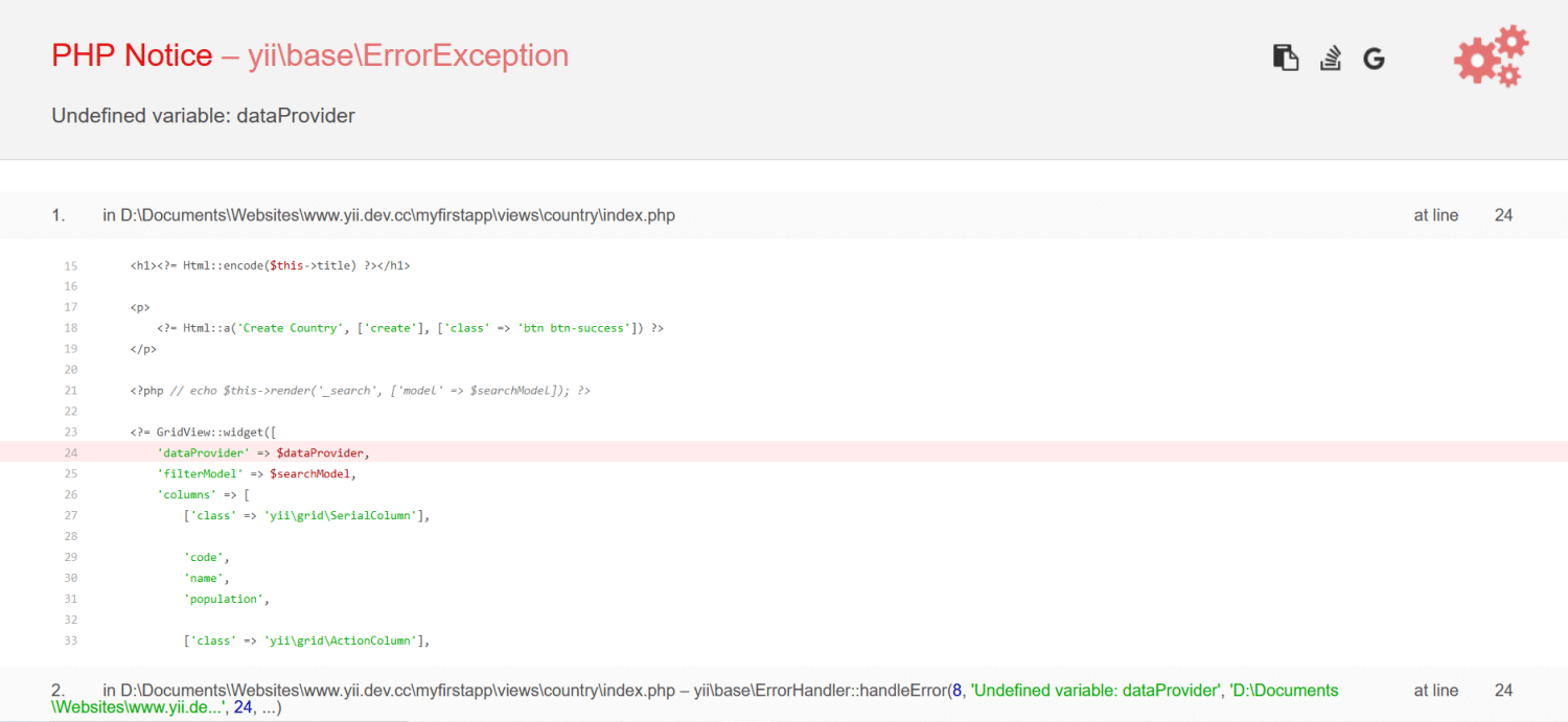 Error Yii para la variable no definida