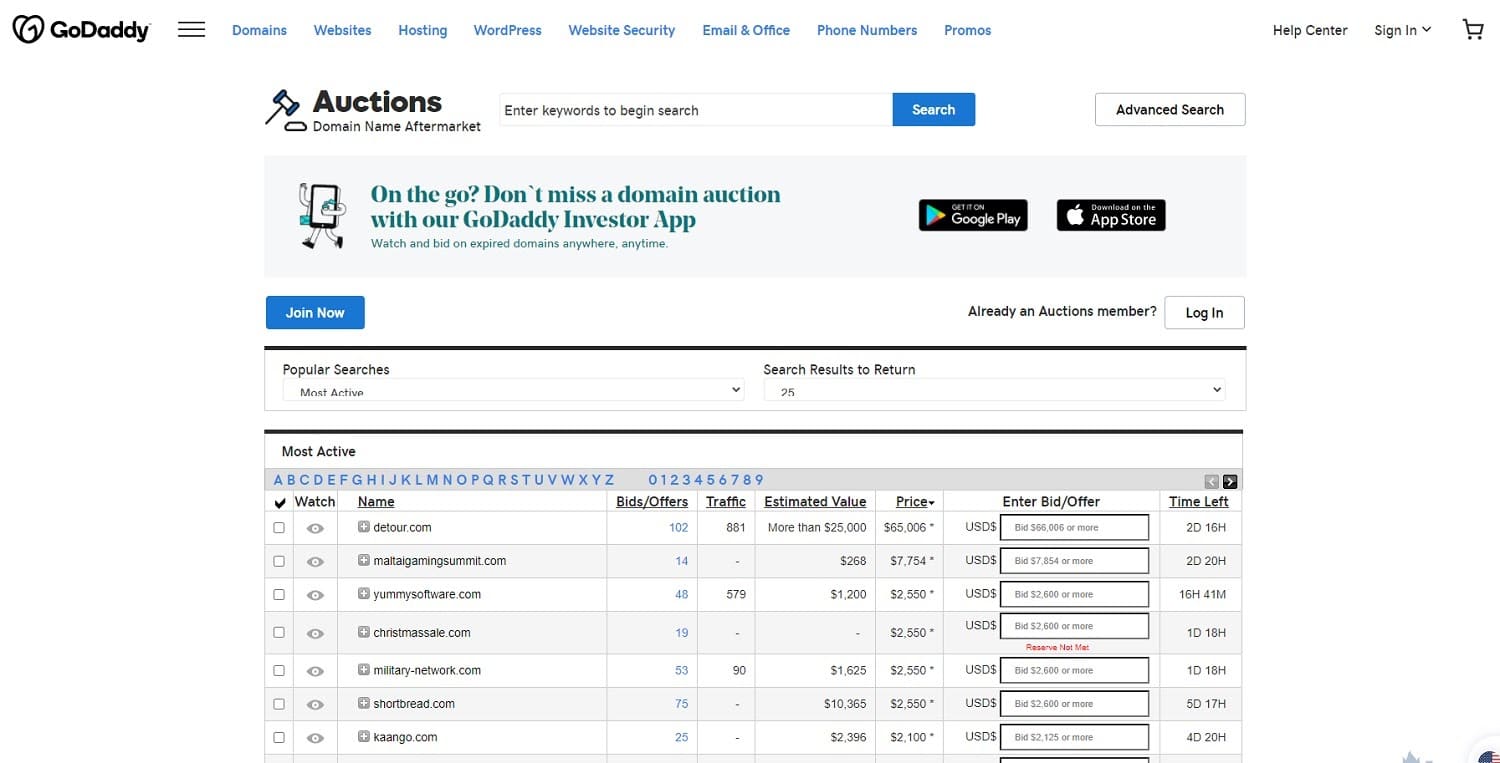 godaddy auction marketplace