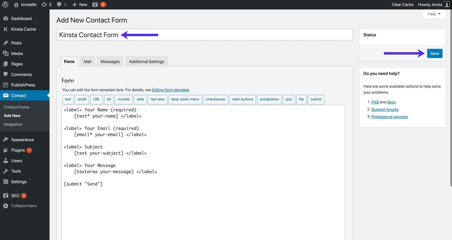 Save your new WordPress contact form.