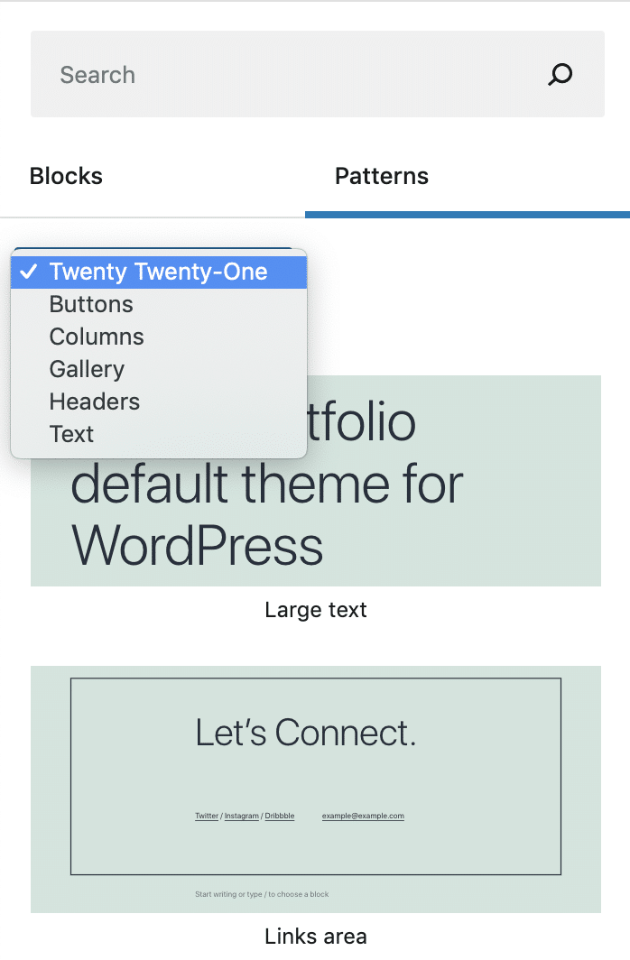 Rullgardinsmenyn med kategorier över blockmönster