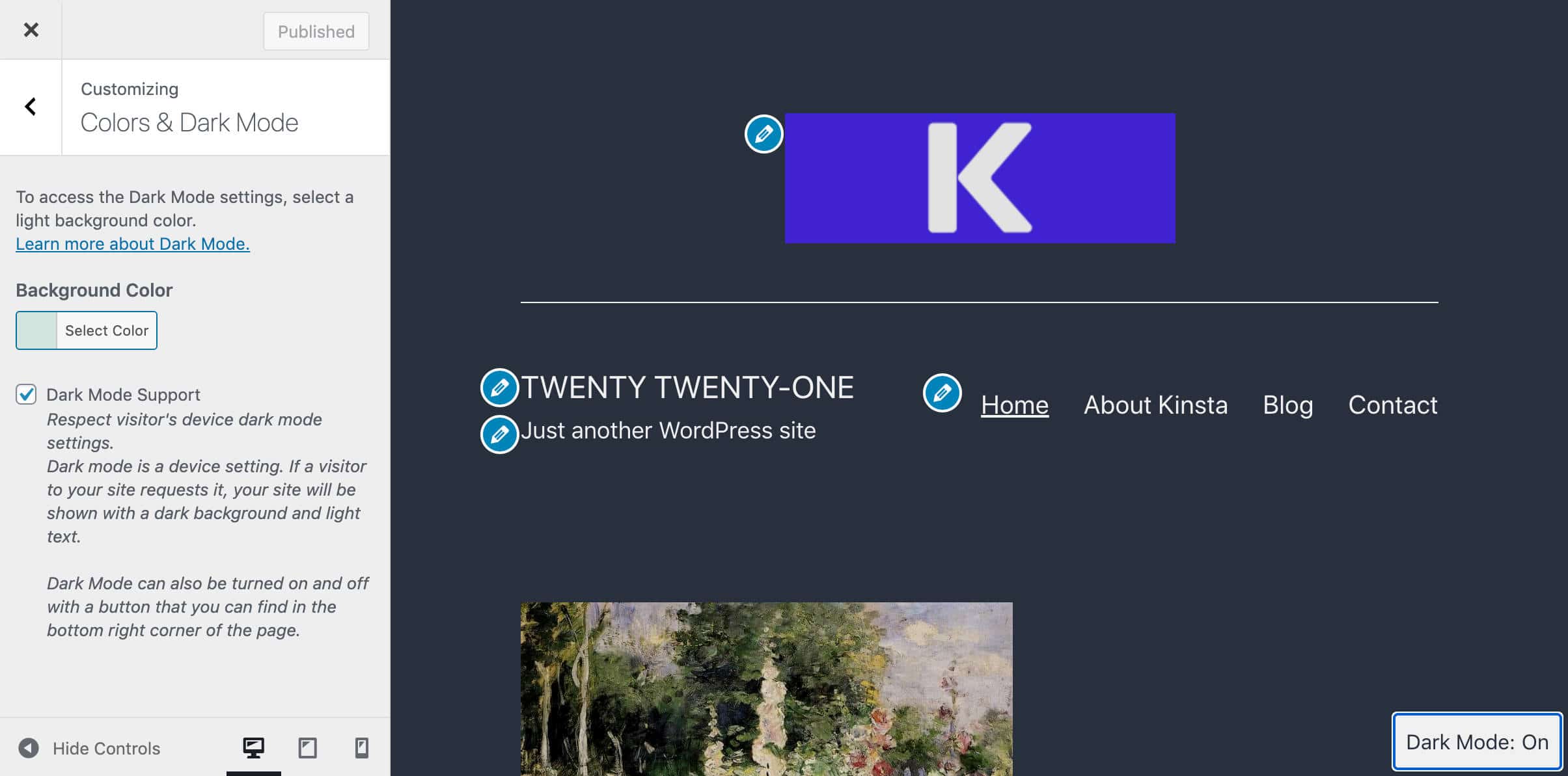 Mörkt läge aktiverat i WordPress Anpassaren