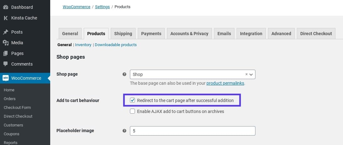 L’option pour rediriger vers le panier dans Direct Checkout pour WooCommerce
