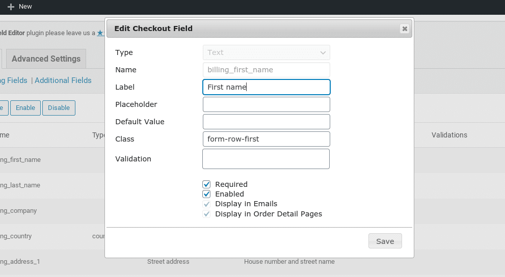 Le panneau de modification du champ de paiement dans l’extension WooCommerce Checkout Field Editor