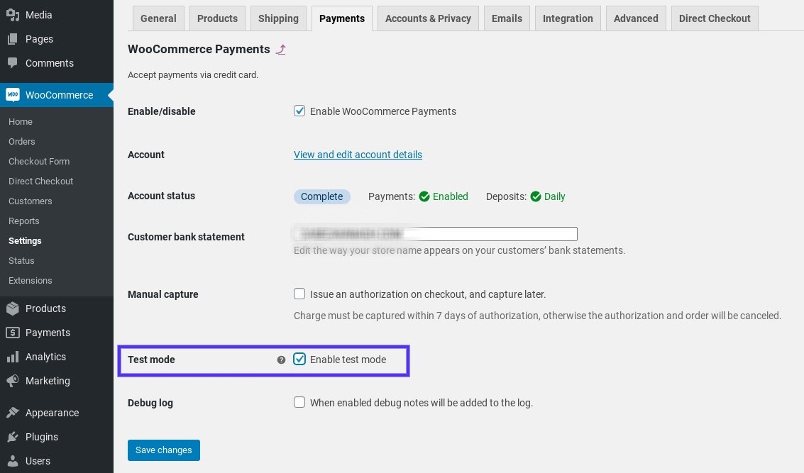 Le mode test des paiements WooCommerce