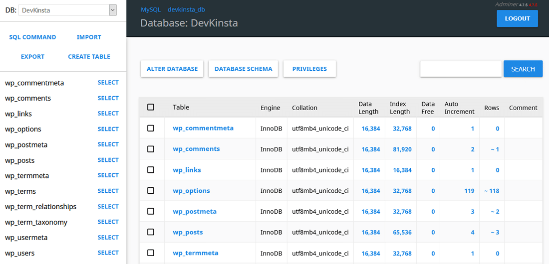 Der Adminer ist der Datenbankmanager von DevKinsta.